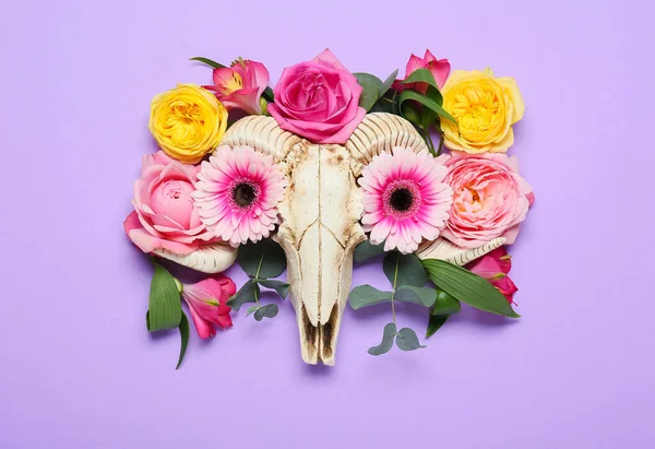 Renkli Arka Planda Çiçekler Olan Koyun Kafatası — Stok fotoğraf