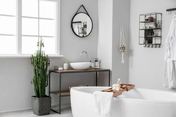 洗面台 サボテン バスタブ付きの光バスルームのインテリア — ストック写真