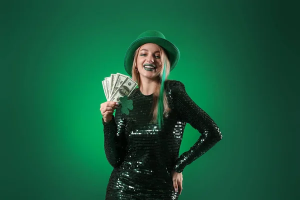 Beautiful Woman Hat Dollar Banknotes Green Background Patrick Day Celebration — Stock Photo, Image