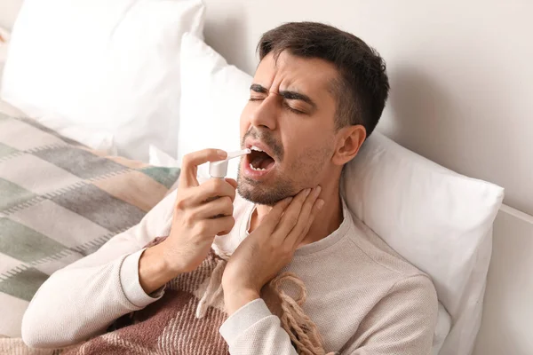 Ill Young Man Sore Throat Using Inhaler Bed — Stock Photo, Image