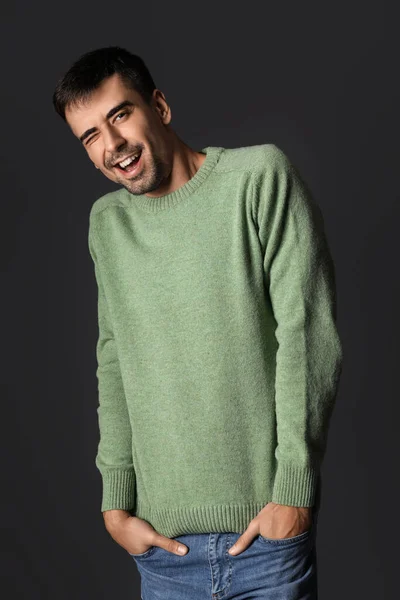 Handsome Young Man Knitted Sweater Dark Background — Stock Photo, Image