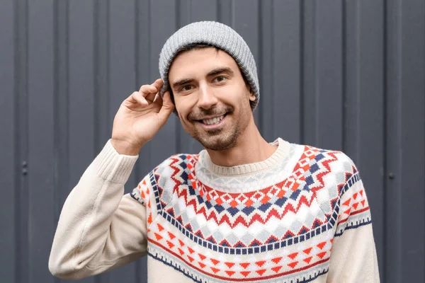 Handsome Young Man Knitted Sweater Outdoors — Stock Photo, Image