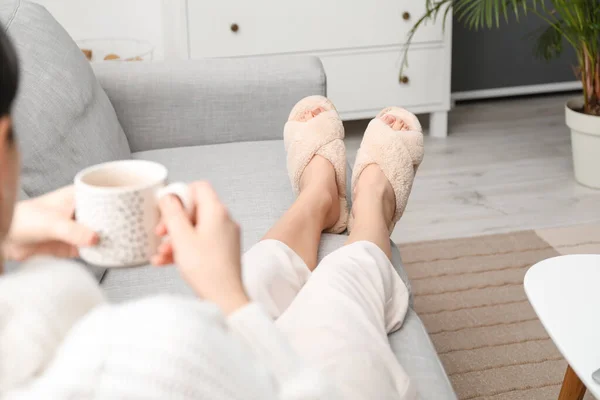 Young Woman Soft Comfortable Slippers Drinking Tea Home — Stock Photo, Image