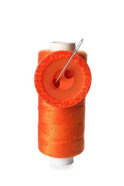 Orange Sewing Thread Spool Needle Button White Background — Stock Photo, Image