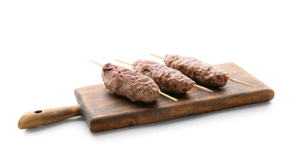 Wooden Board Skewers Tasty Lula Kebab Isolated White Background — Stock Photo, Image