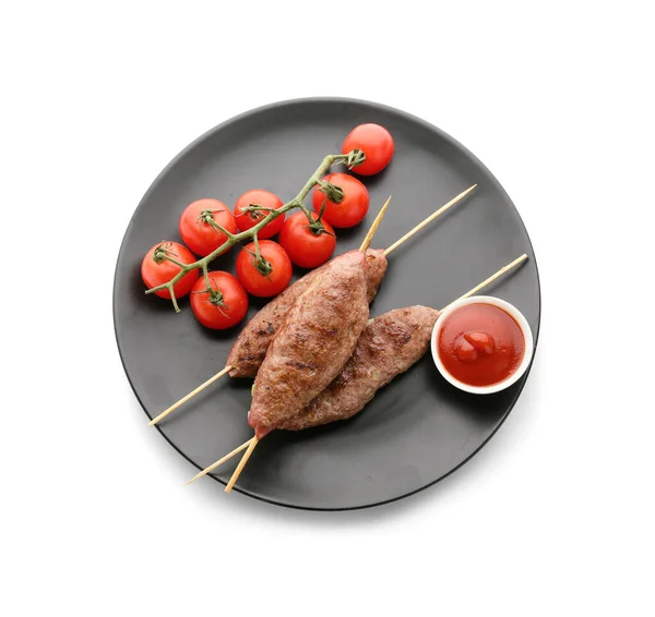 Plate Skewers Tasty Lula Kebab Tomatoes Sauce Isolated White Background — Stock Photo, Image