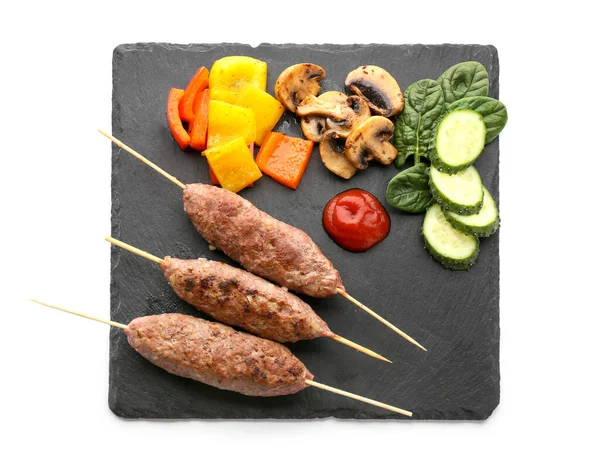 Board Skewers Tasty Lula Kebab Vegetables Isolated White Background — Stock Photo, Image