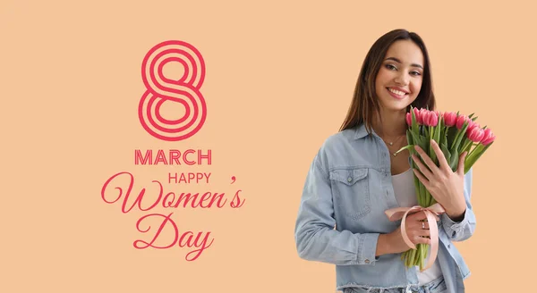 花の花束を保持若い女性と国際女性の日のための美しい挨拶カード — ストック写真