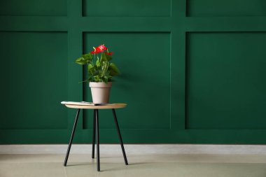 Üzerinde Anthurium çiçeği ve renkli duvarın yanındaki gazete olan masa.