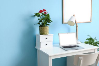 Renk duvarına yakın modern dizüstü bilgisayarı ve Anthurium çiçeğiyle işyeri