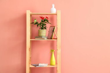 Şarbonlu raf ünitesi, dekor ve renk arkaplanı üzerine kitaplar