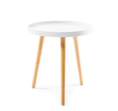 Beyaz arkaplanda küçük kahve masası