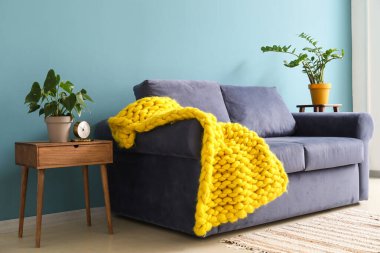 Mavi kanepesi ve çiçekleri olan şık bir oturma odası.