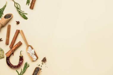 Renk arkaplanındaki aromatik baharatlarla kompozisyon