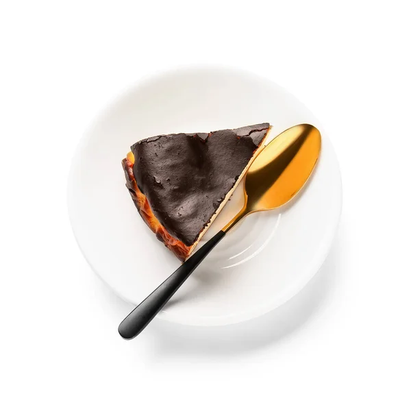 Plate Slice Tasty Basque Burnt Cheesecake White Background — Stock Photo, Image