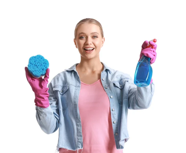 Young Woman Sponge Detergent White Background — Stock Photo, Image