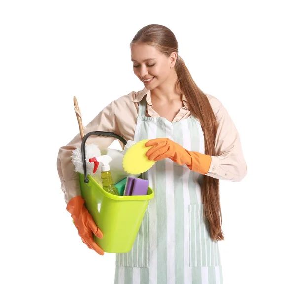 Jonge Vrouw Met Schoonmaak Benodigdheden Witte Achtergrond — Stockfoto