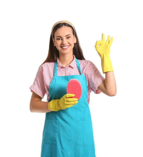 Young Woman Sponge Showing White Background — Stock Photo, Image