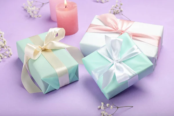 Beautiful Gift Boxes Lilac Background — Stock Photo, Image