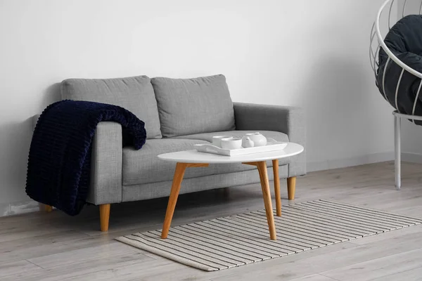 Interior Light Living Room Grey Sofa Coffee Table — Stock Photo, Image