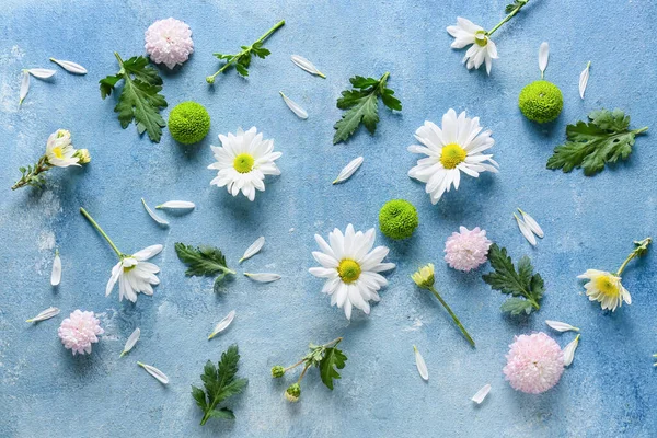 Komposition Mit Schönen Blüten Und Blättern Auf Blauem Hintergrund — Stockfoto