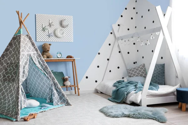 Interior Stylish Children Bedroom Play Tent Pegboard — Stock Photo, Image