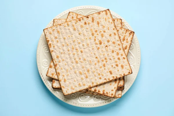 Plate Jewish Flatbread Passover Color Background — Stock Photo, Image