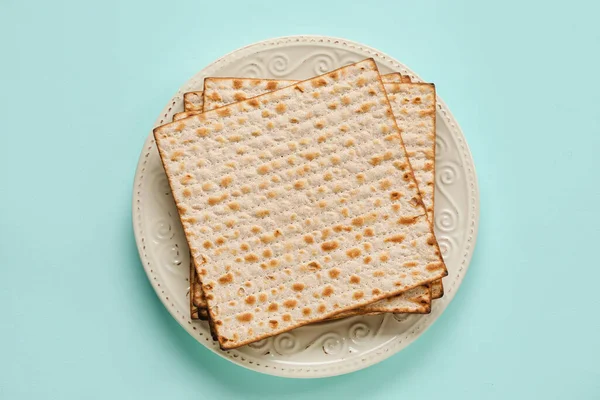 Talíř Židovským Flatbread Pro Pesach Barevném Pozadí — Stock fotografie