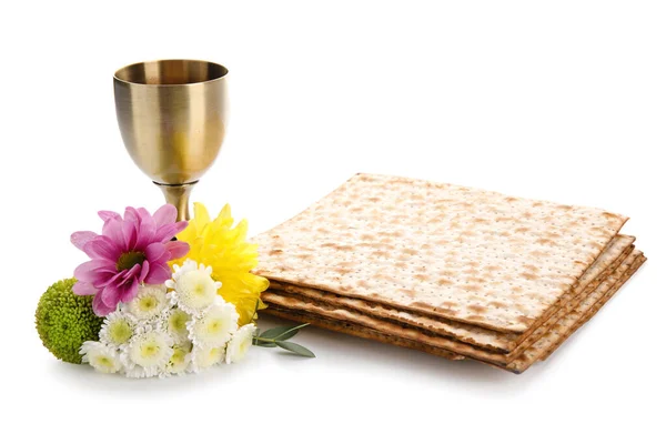 Jewish Flatbread Goblet Flowers White Background — Stock Photo, Image