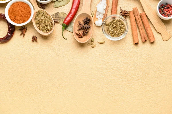 Composition Different Aromatic Spices Color Background — Stock Photo, Image