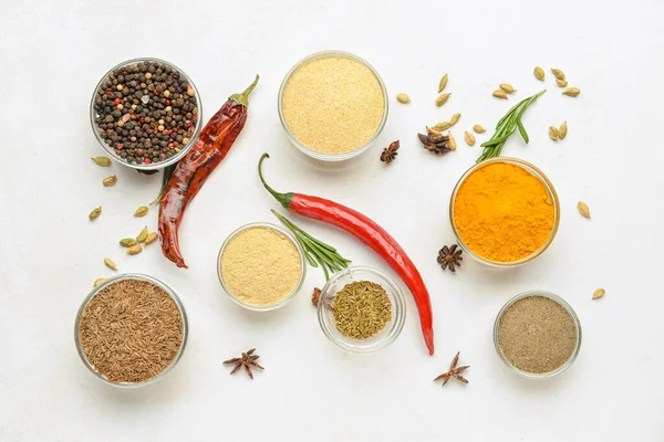 Composition Glass Bowls Aromatic Spices Light Background — Stock Photo, Image