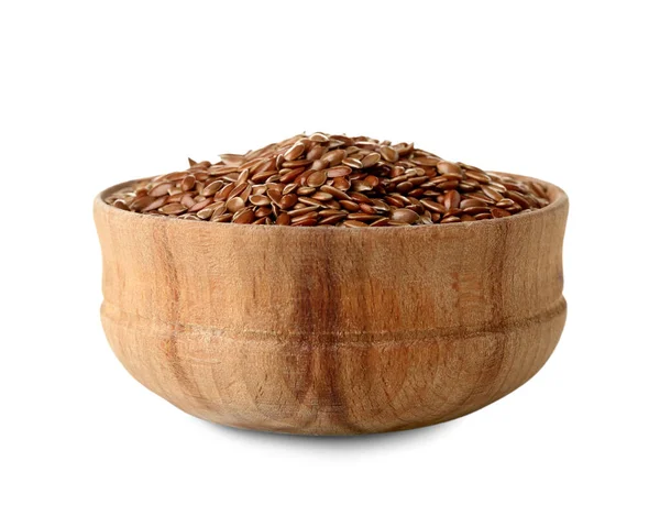 Wooden Bowl Flax Seeds White Background — Stock Photo, Image
