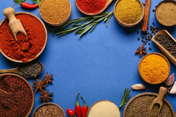 Frame Made Aromatic Spices Blue Background Closeup — Stock Photo, Image