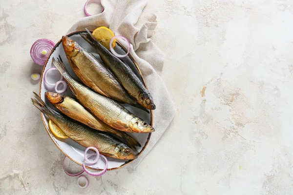 Plate Smoked Herring Fishes Light Background — Stock Photo, Image