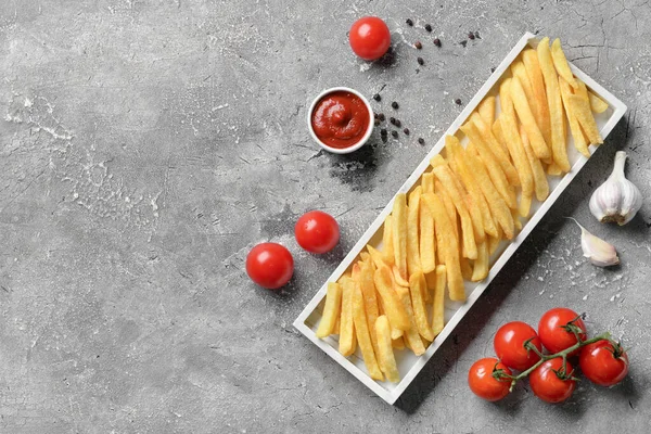 Board Tasty French Fries Ketchup Grey Background — Stock Photo, Image