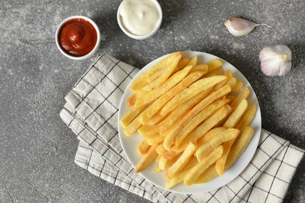 Plate Tasty French Fries Sauces Grey Background — Stock Photo, Image