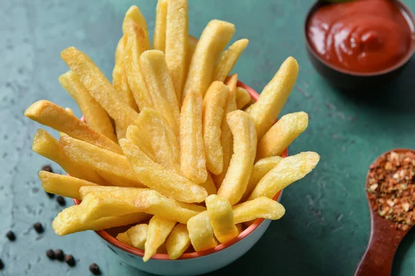 Bowl Tasty French Fries Green Background — Stock Photo, Image