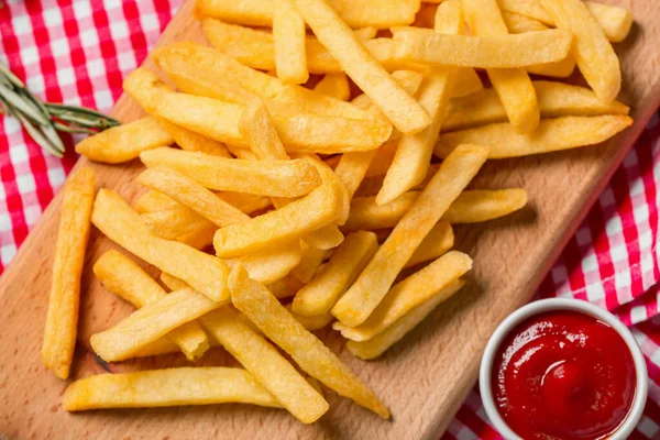 Wooden Board Tasty French Fries Ketchup Table Closeup — Stock Photo, Image