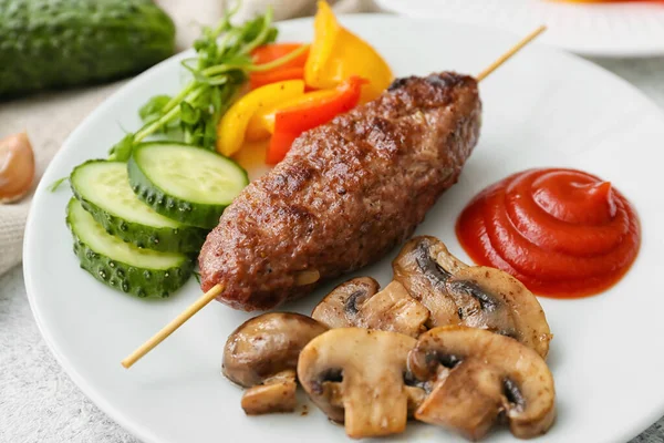 Plate Skewer Tasty Lula Kebab Vegetables Table Closeup — Stock Photo, Image