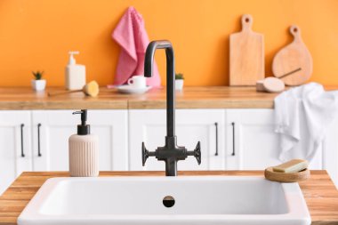 Mutfakta seramik lavabo, sabun ve bulaşık deterjanı olan ahşap tezgah.