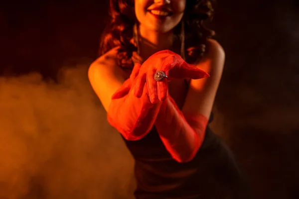 Elegant Woman Wearing Red Gloves Stylish Jewelry Dark Background — Stock Photo, Image