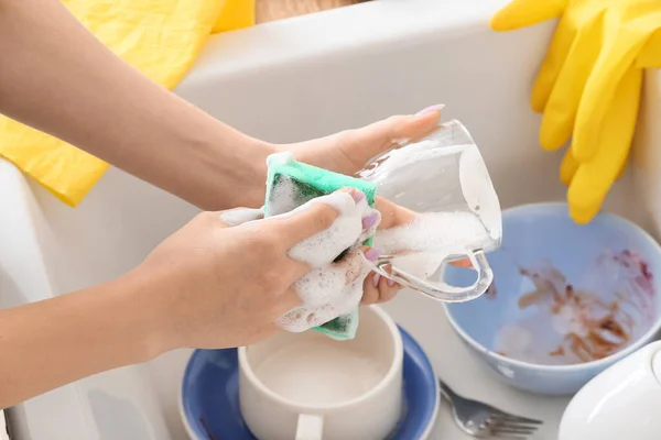 Woman Washing Glass Cup Sponge Sink Closeup — Stock Photo, Image