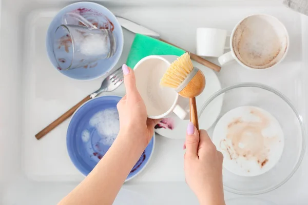Woman Brush Cleaning Cup Ceramic Sink Closeup — Stock Photo, Image