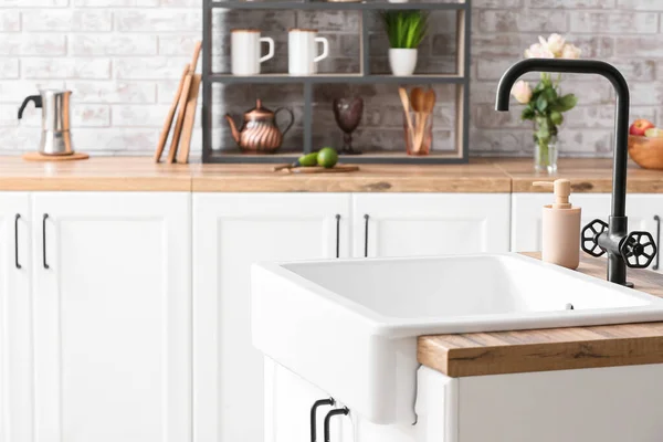 Wooden Counter Ceramic Sink Dish Wash Detergent Kitchen — Stock Photo, Image