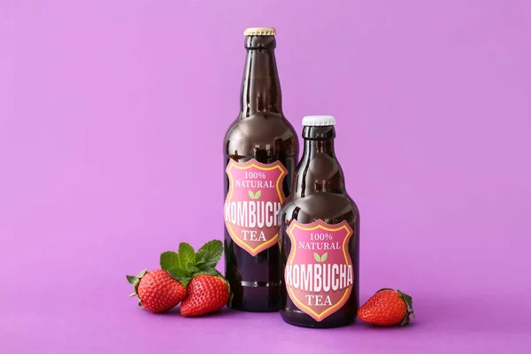 Bottles Fresh Strawberry Kombucha Purple Background — Stock Photo, Image