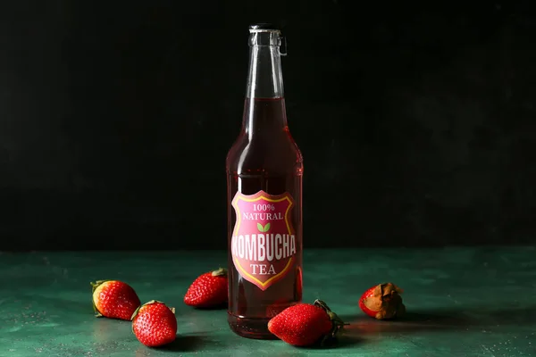 Bottle Fresh Strawberry Kombucha Dark Background — Stock Photo, Image
