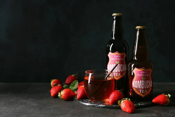 Bottles Fresh Strawberry Kombucha Dark Background — Stock Photo, Image