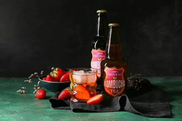 Bottles Glass Fresh Iced Strawberry Kombucha Dark Background — Stock Photo, Image