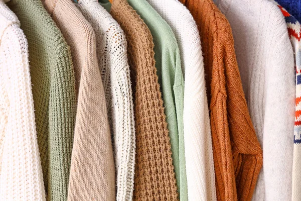 Vista Cerca Diferentes Suéteres Calientes — Foto de Stock
