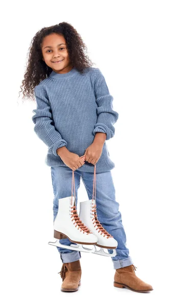 Little African American Girl Blue Sweater Ice Skates White Background — Stock Photo, Image
